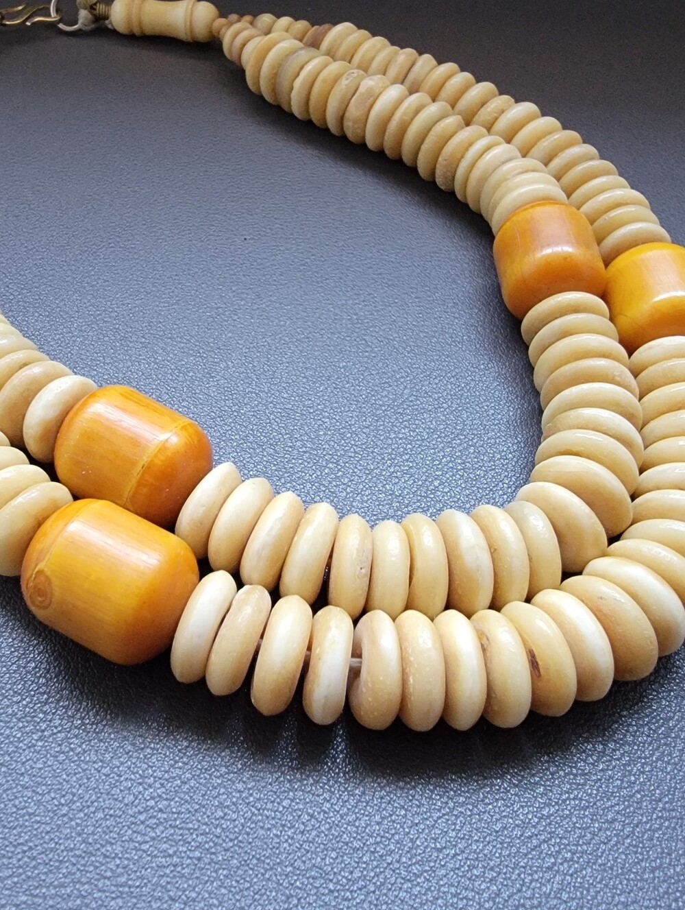 Vintage Bone Washer Bead Necklace with Butterscotch Translucent Accent Beads